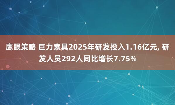 鹰眼策略 巨力索具2025年研发投入1.16亿元, 研发人员292人同比增长7.75%